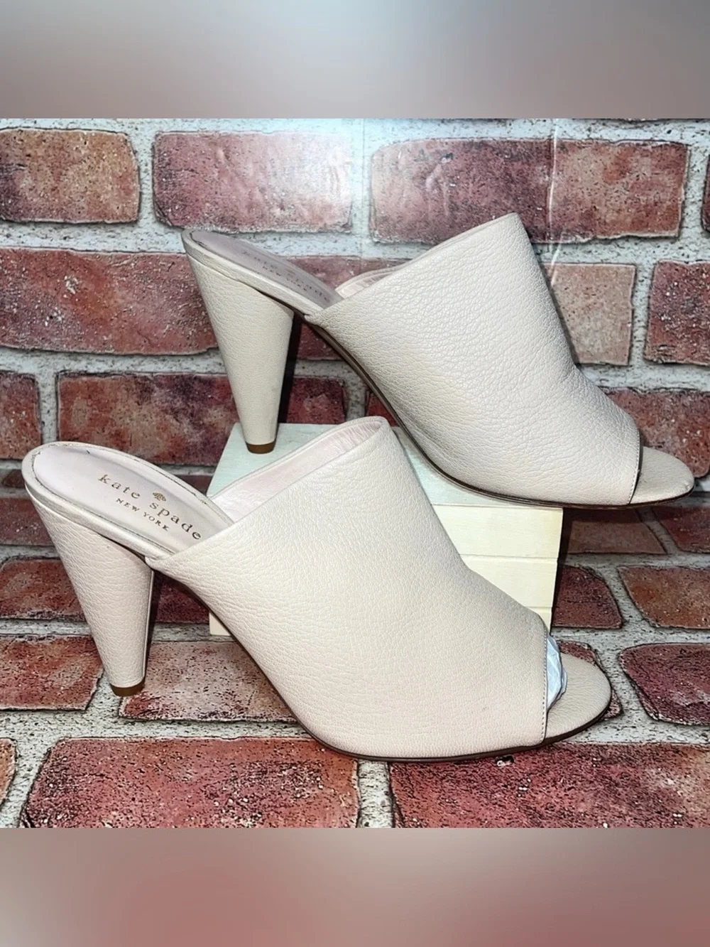 Pre-Owned Kate Spade Bova Pink Nude Peep Toe High Heel Mules Size 8.5B Preppy